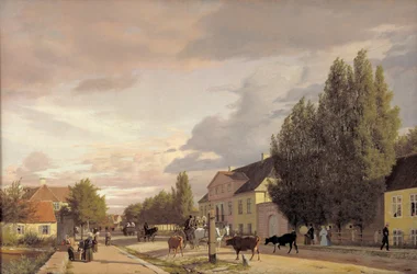Ansicht einer Straße in Østerbro außerhalb von Kopenhagen. Morgenlicht, 1836