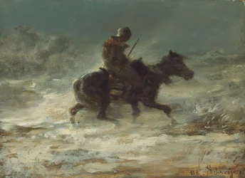 Mann mit Lanze reitet durch den Schnee, ca. 1880