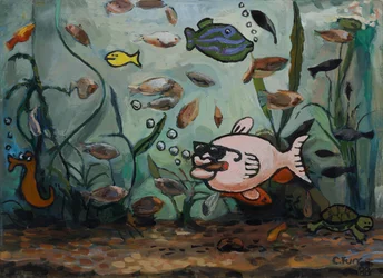 Großer rosa Fisch in fischiger Welt 1988