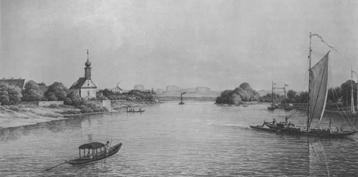 Die Kirche Maria am Wasser bei Dresden um 1850
