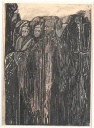 Drei Figuren in einem Garten