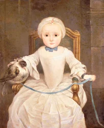 Ein junges Mädchen, sitzend, dreiviertellang, trägt ein elfenbeinfarbenes Kleid und eine Haube mit einer Taube