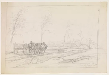 Landschaft mit blattlosen Bäumen und einem Arbeitswagen