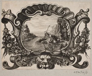 Emblem mit Hirte, der sich in einem See spiegelt
