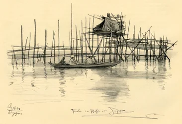 Haus auf Stelzen und Fischer im Hafen von Singapur, 1898