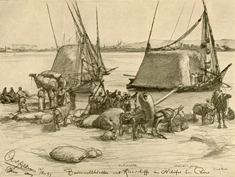 Baumwolle auf Getreideboote laden, Nil, Kairo, Ägypten