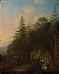 Gebirgslandschaft mit Wasserfall und hölzerner Brücke