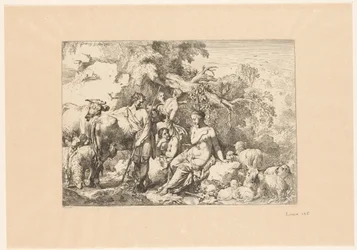 Hirte mit Herde und vier Musen