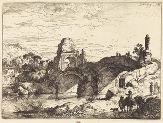 Landschaft mit Brücke und Ruinenturm