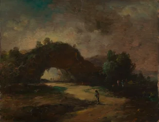 Landschaft mit einem von Buschwerk überwachsenen Felsenbogen