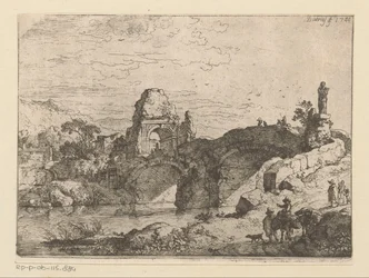 Landschaft mit der Ruine eines Tores neben einer verfallenen Brücke