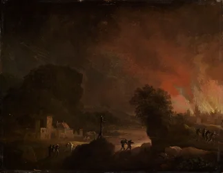 Nächtliche Landschaft mit brennender Stadt