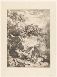 Felsenlandschaft mit zwei Figuren, die auf einem Stein ruhen (Oeuvre von C. G. E. Dietrich)
