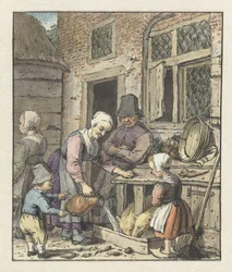 Bauernfamilie beim Füttern der Schweine