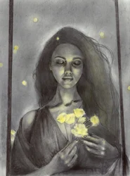 Träumerische Frau mit leuchtenden Blumen