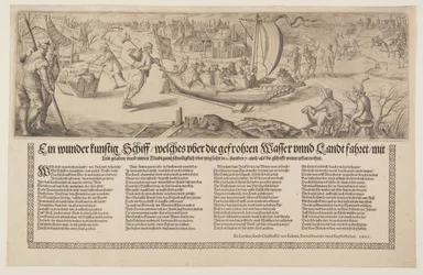 Flugblatt mit einem Lastkahn, der auf Eis segelt