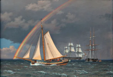 Regenbogen auf See mit einigen Kreuzfahrtschiffen