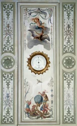 Paneel des großen Wohnzimmers des Château de Champs-sur-Marne mit Barometer und Chinoiserie. Wanddekor gemalt von Christophe Huet (1700-1759)