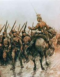 Lanzenreiter des belgischen Guidenkorps, der an französischer Infanterie vorbeireitet, die 1914 an die Front marschiert