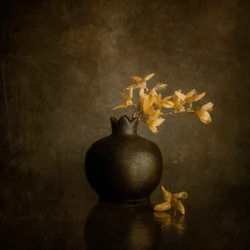 Goldene Blüten und dunkle Vase