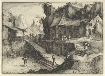 Bergdorf mit Häusern und Treppen