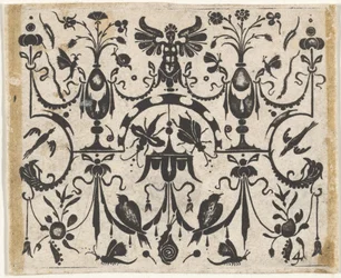 Schwarzornamentdruck mit symmetrischem Groteskenmuster, ca. 1620.