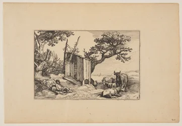 Verfallene Scheune mit Herde und Vieh, aus Landschaften (Verscheyden aerdige Lanthuysen...)