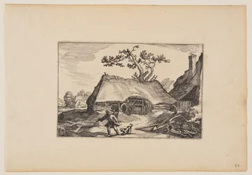 Bauernhof mit Schuppen für einen Wagen, Mann mit bellendem Hund, aus Landschaften