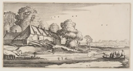 Entenjagd von einem Ruderboot in der Nähe eines Bauernhofs, aus Landschaften (Playsante Lantschappen)