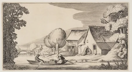 Bauer und Bäuerin in einem Ruderboot, aus Landschaften (Playsante Lantschappen)