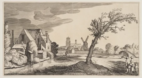 Haus an einem Teich außerhalb einer Stadt, aus Landschaften (Playsante Lantschappen)