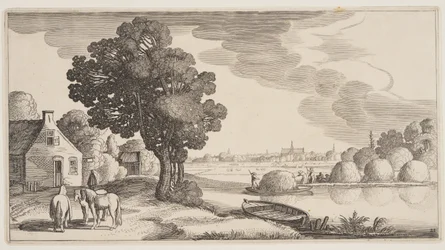 Heutransport auf einem Fluss, aus Landschaften (Playsante Lantschappen)