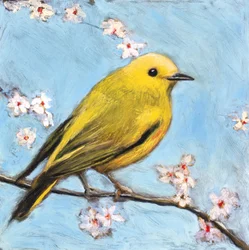 Gelber Vogel und Frühlingsblüten