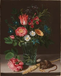 Blumen in einer Vase mit einer nagenden Maus