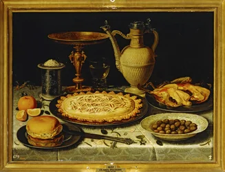 Stillleben - Mahlzeit mit gebratenem Huhn, Brot und Oliven