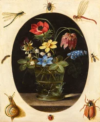 Stillleben mit Blumen, umgeben von Insekten und einer Schnecke