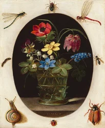 Stillleben mit Blumen, umgeben von Insekten und einer Schnecke
