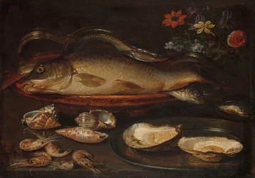 Stillleben mit Fisch, Austern und Garnelen, ca. 1620-50