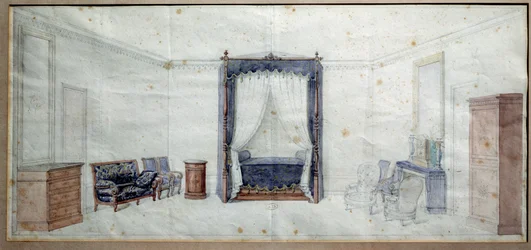 Schlafzimmer (mit Kommode, Sofa, Sessel und Himmelbett). Aquarell von Claude Aimé Chenavard (1798-1838)