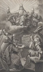 Allegorische Figur erscheint auf Wolken, während eine Gruppe von Männern unten hinaufschaut, 1728