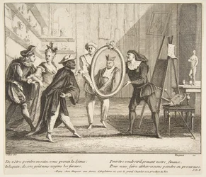 Pierrot und Scaramouche zeigen das Porträt von Harlekin