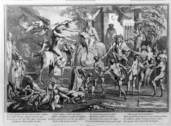 Sabbatzeremonie, Dämonen, Hexen und monströse Kreaturen tanzen. Gravur von Gillet