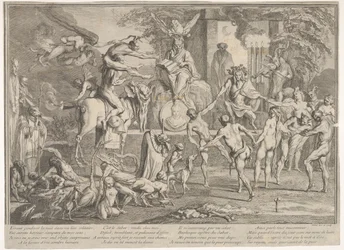 Hexensabbat, in einer nächtlichen Landschaft, ein Nekromant sitzt oben in der Mitte, ca. 1700-1720