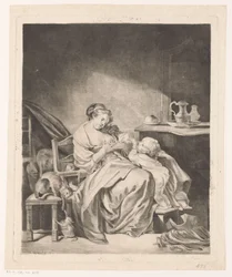 Interieur mit einer sitzenden Frau, die ihr Kind füttert