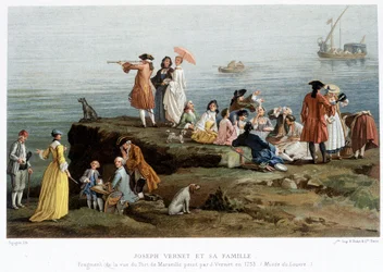 Joseph Vernet und seine Familie - Reproduktion des 19. Jahrhunderts eines Fragments der Ansicht des Hafens von Marseille, gemalt von Vernet 1753 (Louvre Museum)