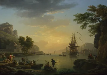 Landschaft bei Sonnenuntergang mit Fischern, die mit ihrem Fang zurückkehren, 1773