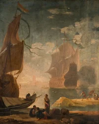 Hafenszene mit Kriegsschiff und Figuren auf einem Kai, 1825