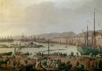 Ansicht des Hafens von Toulon. Detail, der alte Hafen, Ansicht vom Küstenbereich der Geschäfte. Gemälde von Joseph Vernet (1714-1789), 1756. Paris, Musée de la Marine - Ansicht des Seehafens von Toulon. Detail. Gemälde von Joseph Vernet (1714-1789), Öl auf