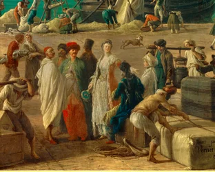 (Detail) Der Hafen von Marseille im 18. Jahrhundert. Detail der Entladung von Waren. Gemälde von Joseph Vernet