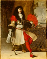 Ganzfiguriges Porträt Ludwigs XIV., König von Frankreich und Navarra (1638-1715), um 1665-1670 (Schlachtschiff mit Krone und Zepter auf dem Tisch vor einer Meereslandschaft mit einem Boot). Gemälde von Claude Lefebvre (1632-1675), um 1670. Maße: 1,96 x